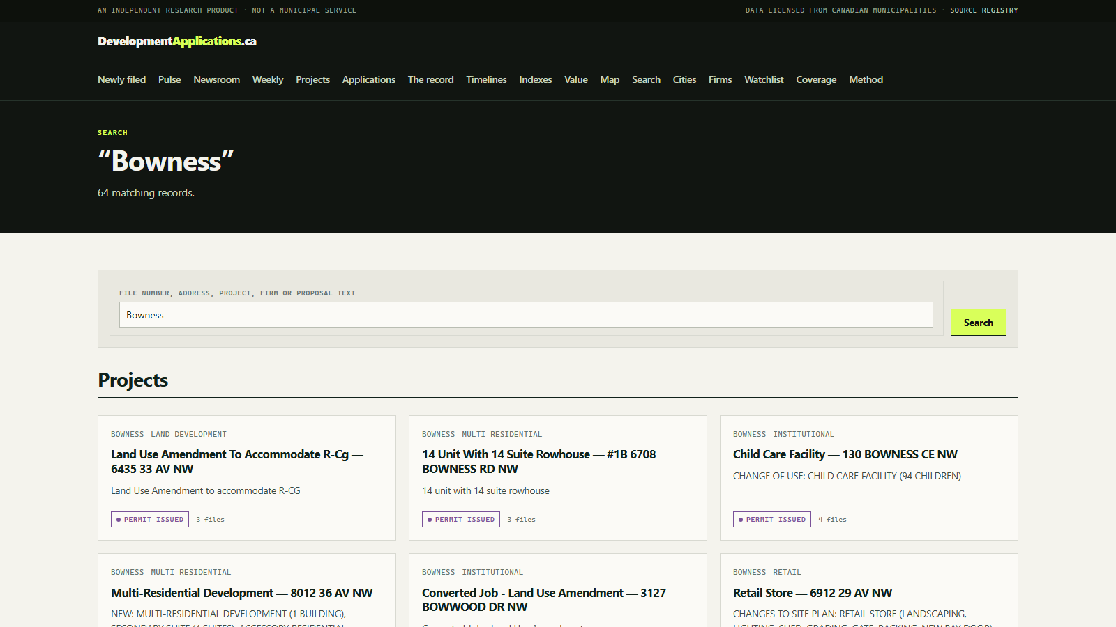 DevelopmentApplications.ca search results for Bowness showing project cards and status labels