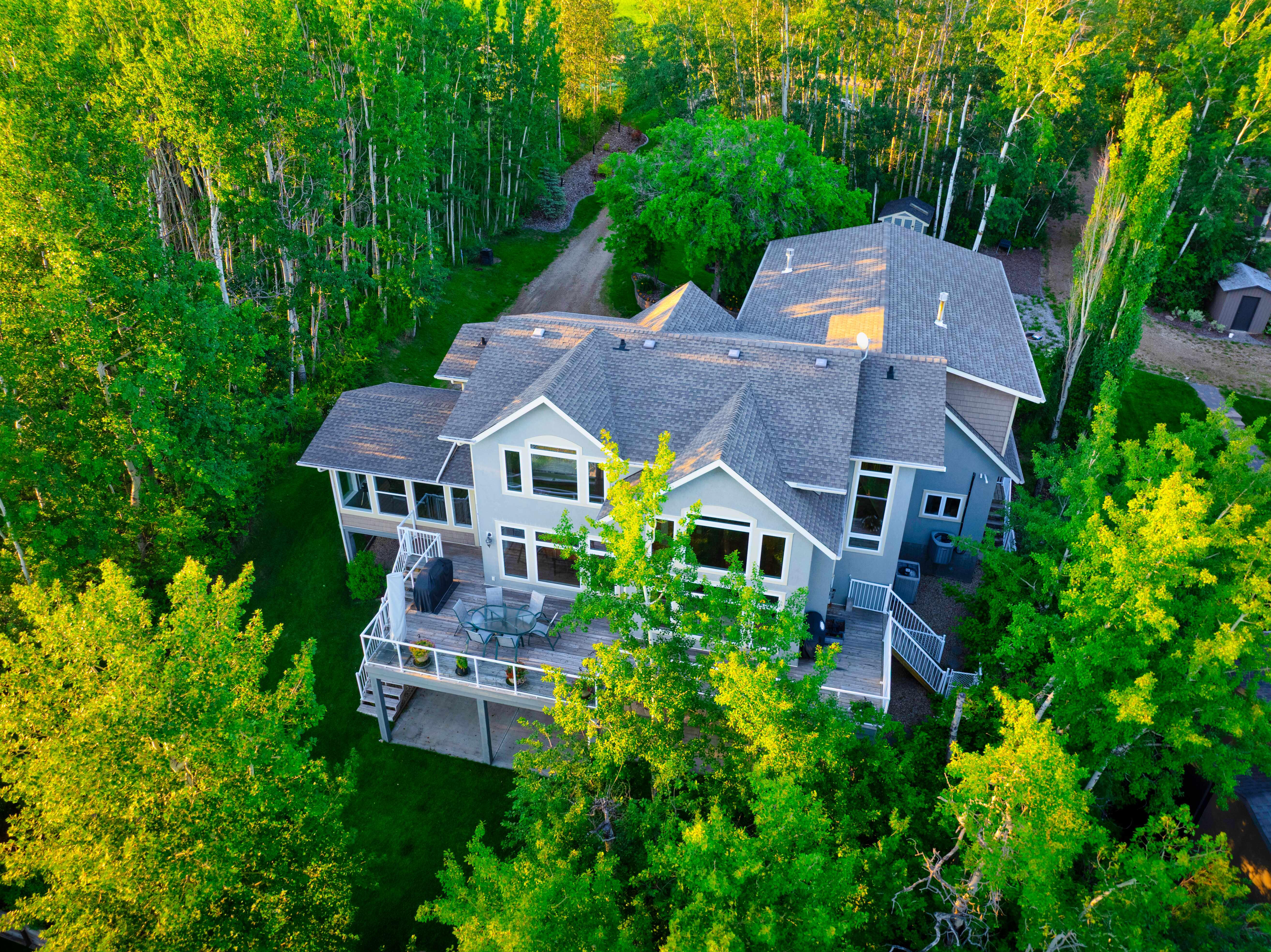The home's rear deck and sunroom surrounded by mature trees